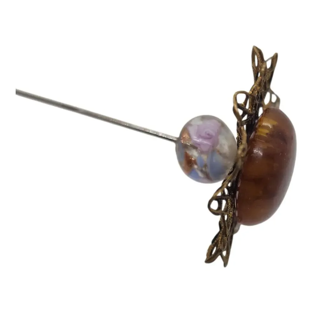 Vintage Lucite Hat Pin Brown Cabochon Filigree Art Glass Bead Long Estate Ornate
